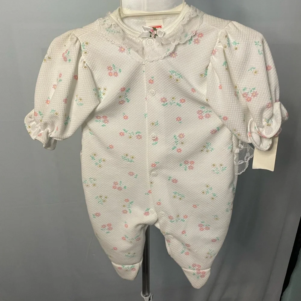 Playskool Vintage‎ Floral Footed Romper Baby Girls 0-3M White Lace 1999 NWT